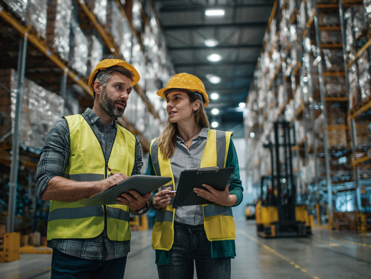 Client and engineer with clipboards discussing plans inside a warehouse